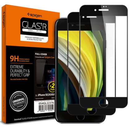 Spigen SLIM iPhone SE 2022/ SE 2020/ 8/ 7 kaitseklaas 2-pakk (must)
